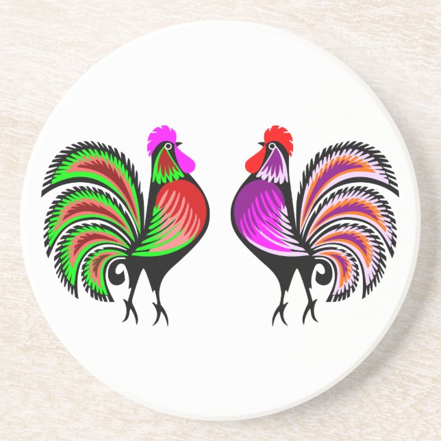 Two Colorful Alert Roosters Coaster (Front)