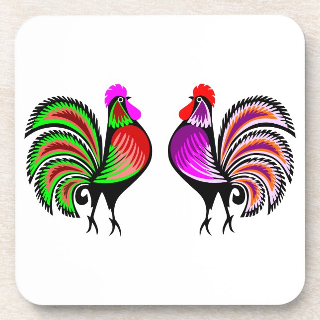 Two Colorful Alert Roosters Drink Coaster (Front)
