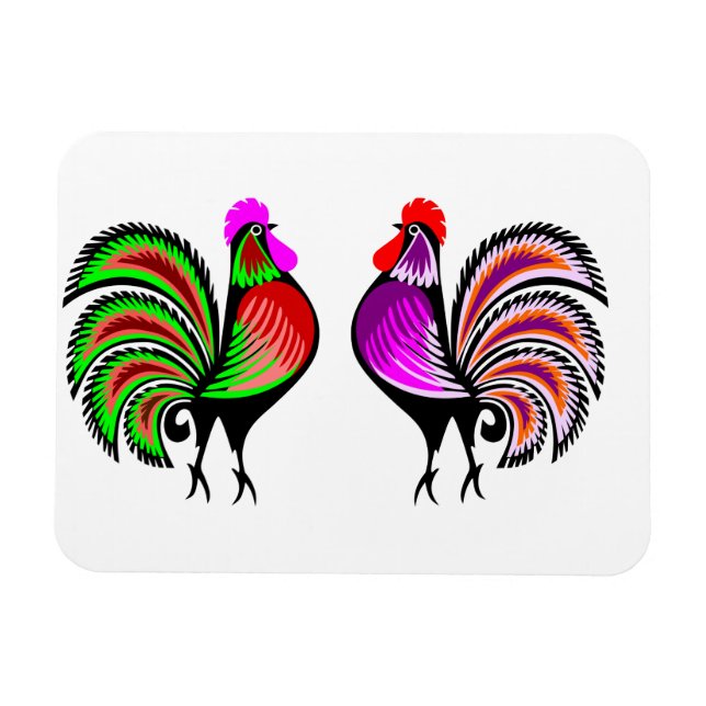 Two Colorful Alert Roosters Magnet (Horizontal)