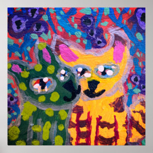 two colorful cats kissing in front of flowers poster