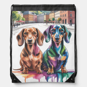 Two Colorful Dachshunds in European City Square Drawstring Bag