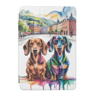 Two Colorful Dachshunds in European City Square iPad Mini Cover