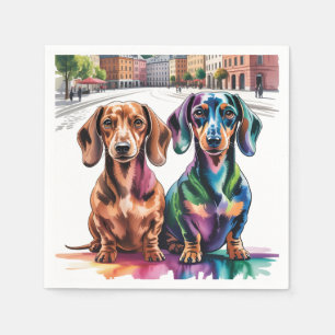 Two Colorful Dachshunds in European City Square Napkins