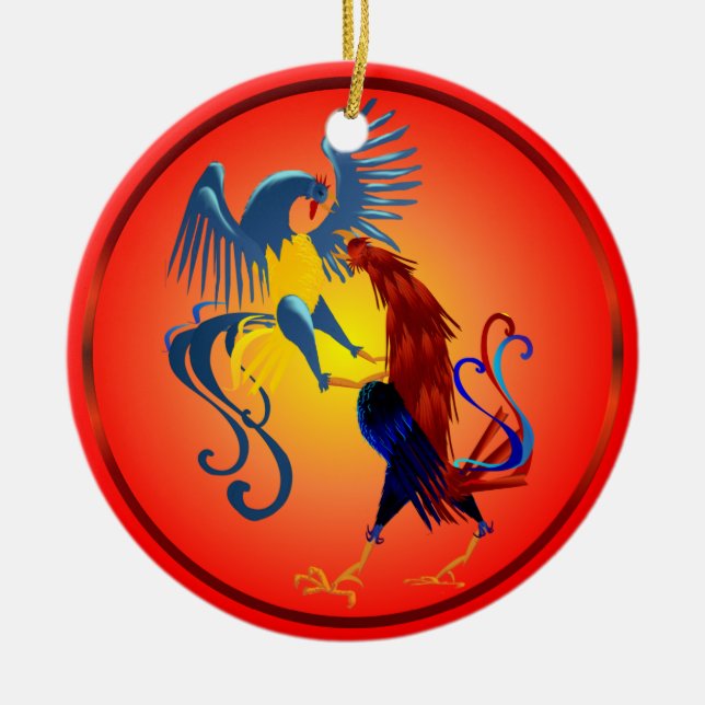 Two Colorful Fighting Roosters Ornament (Front)
