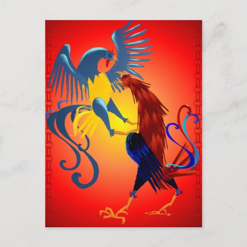 Two Colorful Fighting Roosters Postcard