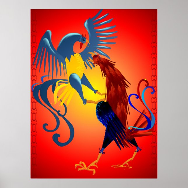 Two Colorful Fighting Roosters Posters (Front)