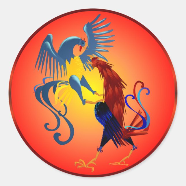 Two Colorful Fighting Roosters Stickers (Front)