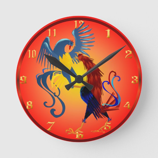 Two Colorful Fighting Roosters Wallclock (Front)