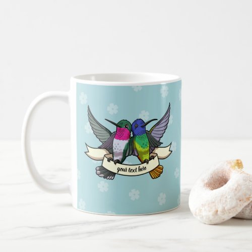 Two Colorful Hovering Hummingbird Friends Cartoon Coffee Mug