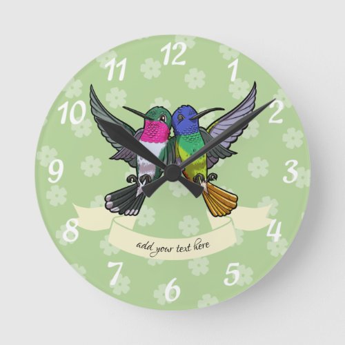 Two Colorful Hovering Hummingbird Friends Cartoon Round Clock