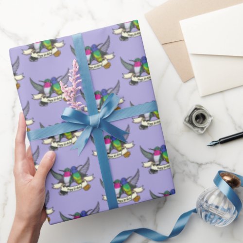 Two Colorful Hummingbirds Happy Birthday Cartoon Wrapping Paper