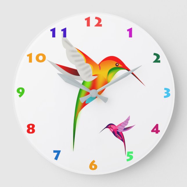 TWO COLORFUL HUMMINGBIRDS ILLUSTRATION LARGE CLOCK (Front)