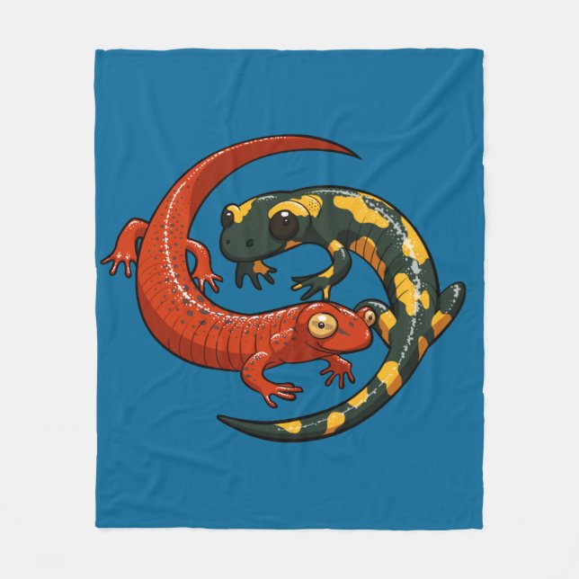 Two Colorful Smiling Salamanders Entwined Cartoon Fleece Blanket (Front)