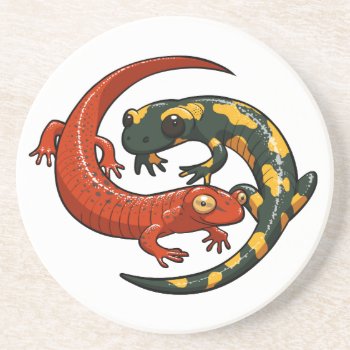 Two Colorful Smiling Salamanders Entwined Cartoon Sandstone Coaster by NoodleWings at Zazzle