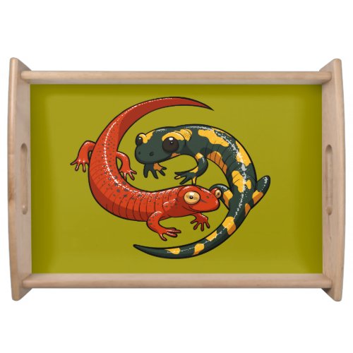 Two Colorful Smiling Salamanders Entwined Cartoon Serving Tray