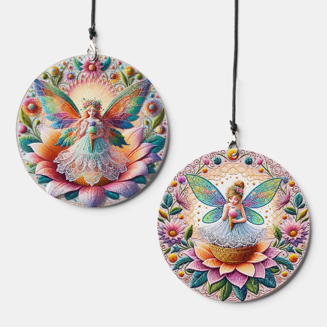 Two Colorful Summer Fairies and Flowers Wind Chime (Front & Back)