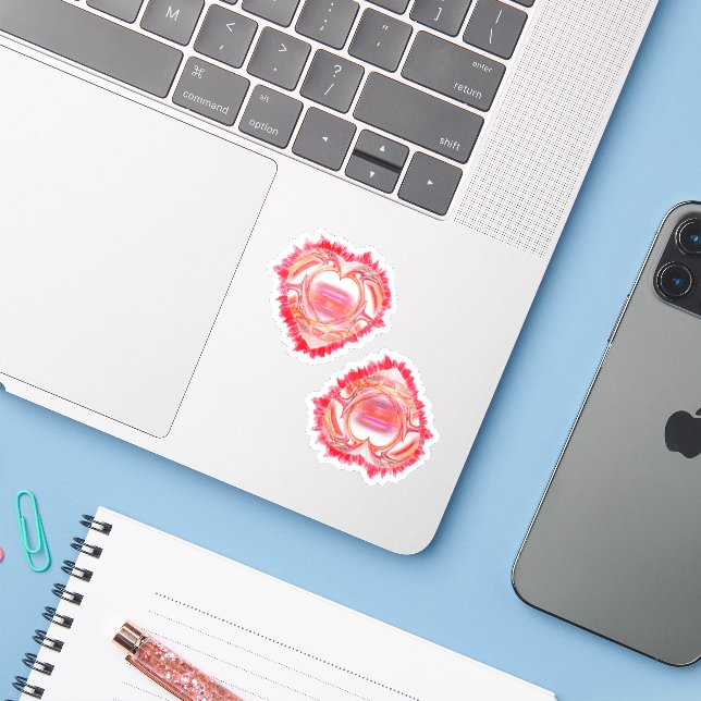 Two Colorful Tattered Heart Custom Cut Sticker (Laptop w/ iPhone)