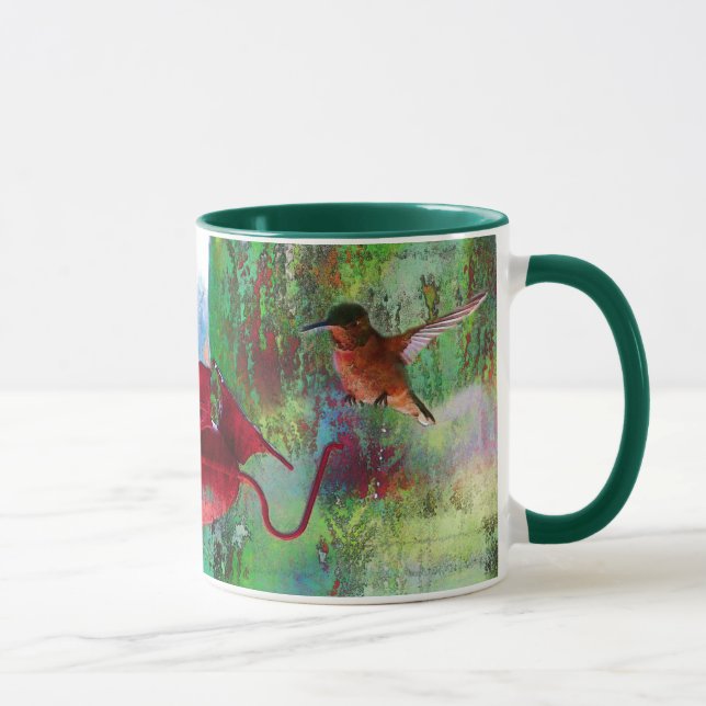 Two Colourful Hovering Hummingbirds at Feeder Mug (Right)