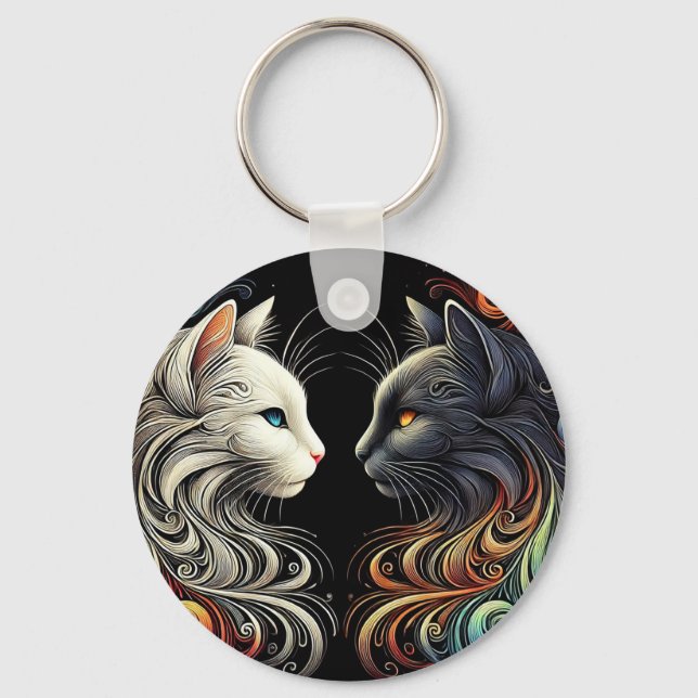 Two Contrasting Cat Faces with Vibrant Swirls Keychain (Front)