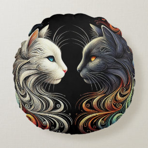 Two Contrasting Cat Faces with Vibrant Swirls Round Pillow