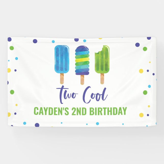 Two Cool 2nd Birthday Ice Pop Blue Green Banner (Horizontal)