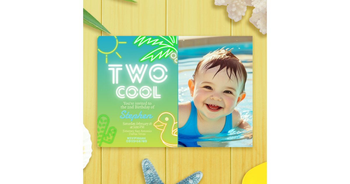 Two Cool Two Cool 2nd Birthday with Photo Invitation | Zazzle