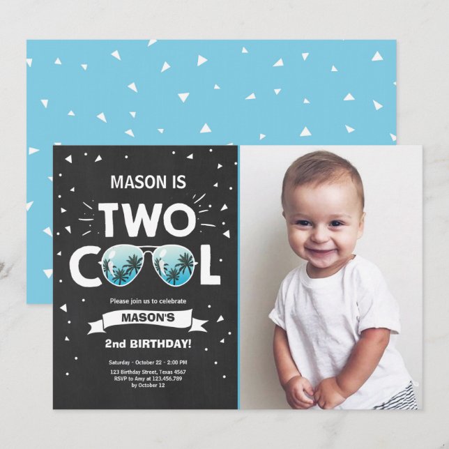 Two Cool birthday invitation boy 2nd birthday Blue (Front/Back)