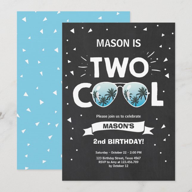 Two Cool birthday invitation boy 2nd birthday Blue (Front/Back)