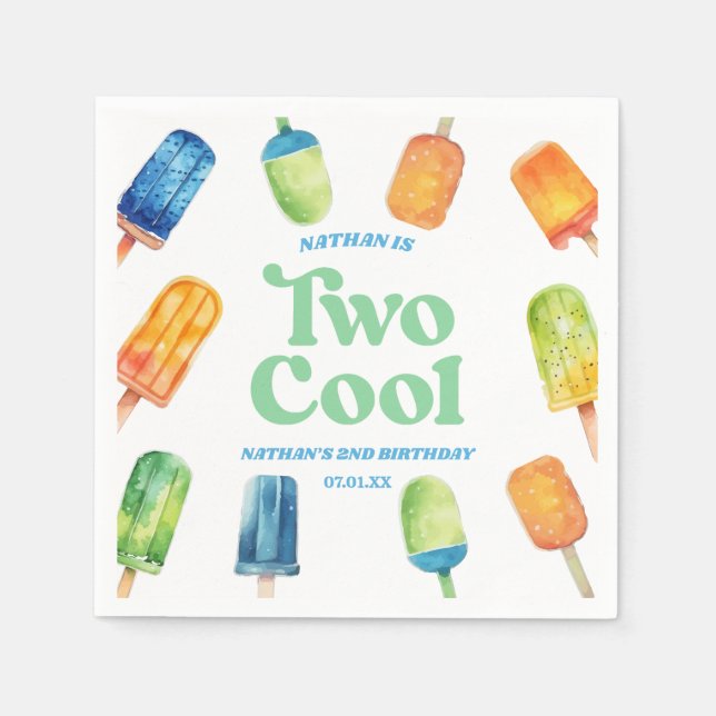 Two Cool Blue Retro Popsicle 2nd Birthday Party Napkins (Front)