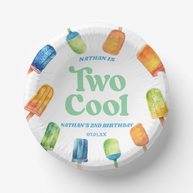 Two Cool Blue Retro Popsicle 2nd Birthday Party Paper Bowls (Front)