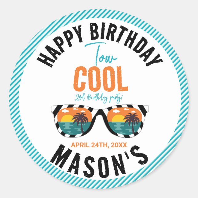 Two Cool Boy 2nd Birthday Party Classic Round Sticker (Front)