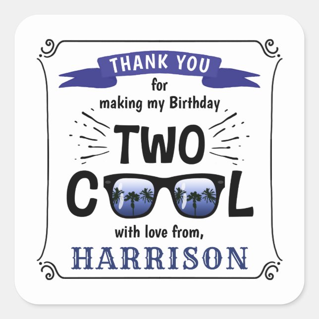 Two Cool Boys 2nd Birthday Party Favor Square Sticker (Front)