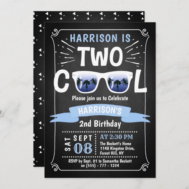 Two Cool Boys Chalkboard 2nd Birthday Invitations (Front/Back)