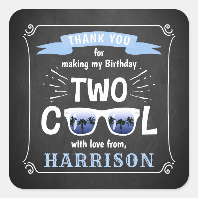 Two Cool Boys Chalkboard 2nd Birthday Party Favor Square Sticker (Front)