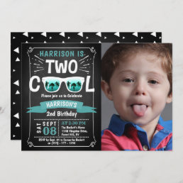 Two Cool Boys Chalkboard Photo 2nd Birthday Invitation