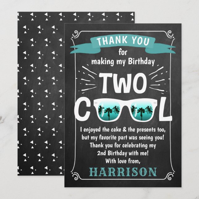 Two Cool Chalkboard Boys 2nd Birthday Thank You Card (Front/Back)