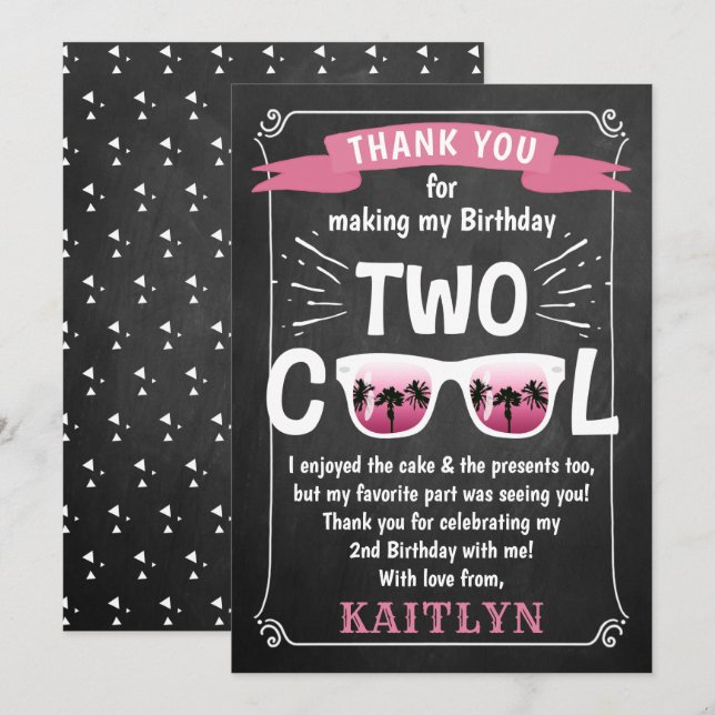 Two Cool Chalkboard Girls 2nd Birthday Thank You Card (Front/Back)