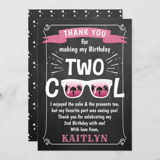 Two Cool Chalkboard Girls 2nd Birthday Thank You Card | Zazzle