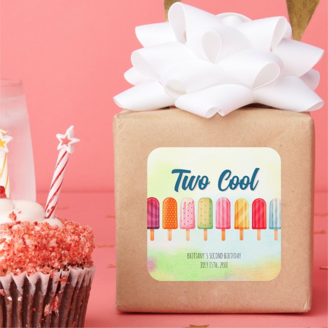 Two Cool Cute Popsicles Second Birthday  Square Sticker (Party)