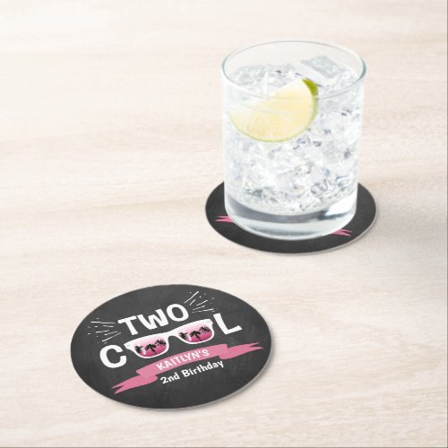Two Cool Girls Chalkboard 2nd Birthday Round Paper Coaster