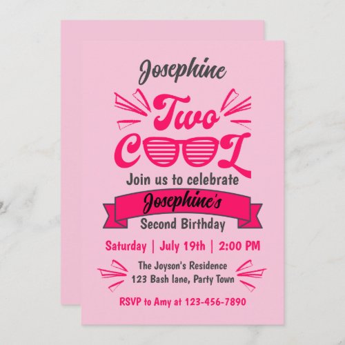 Two Cool Girls Pink Sunglasses 2nd Birthday Invitation