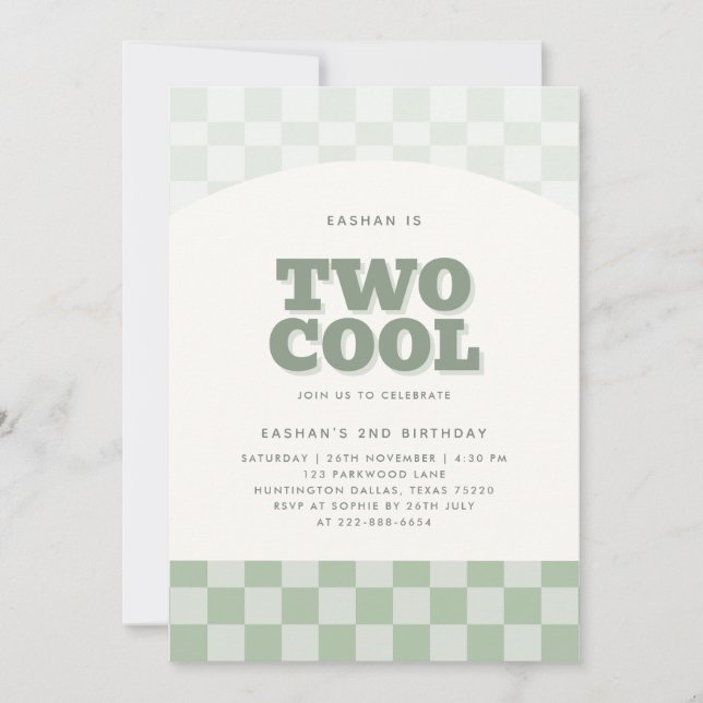 Two Cool Green Checker Pattern 2nd Birthday Invitation (Front)