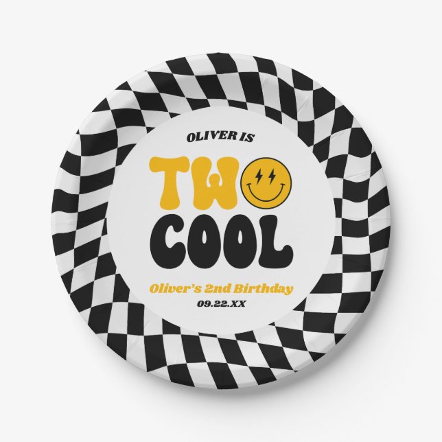 Two Cool Happy Retro Second 2nd Birthday Party Paper Plates (Front)
