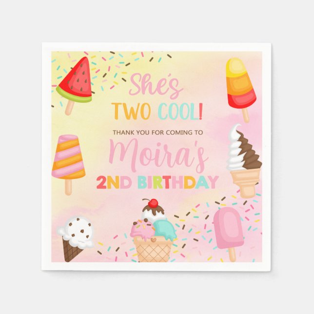 TWO COOL ice cream girl birthday paper napkins. Napkins (Front)