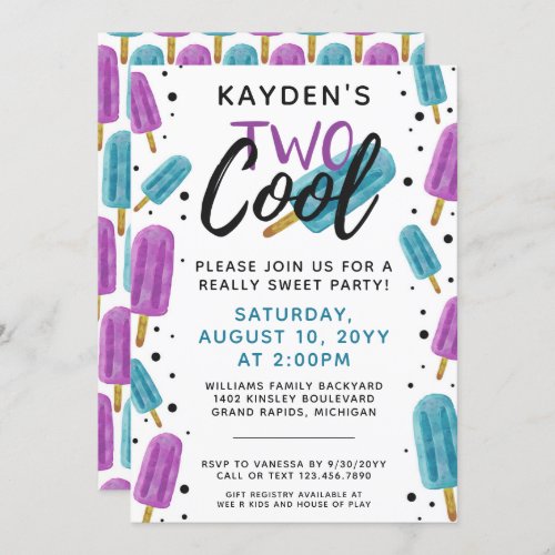 TWO COOL Kids 2nd Birthday Summer Ice Pop Party Invitation
