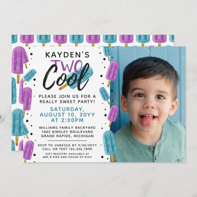 TWO COOL Kid's 2nd Birthday Summer Ice Pop Photo Invitation (Front/Back)