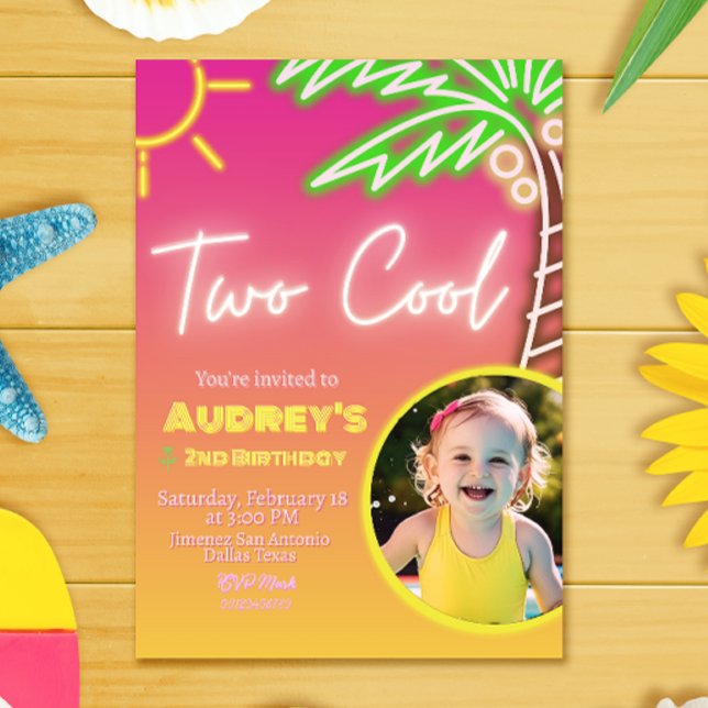 Two Cool Neon Pool Party Invitation with Photo (Two Cool Neon Pool Party Invitation with Photo)