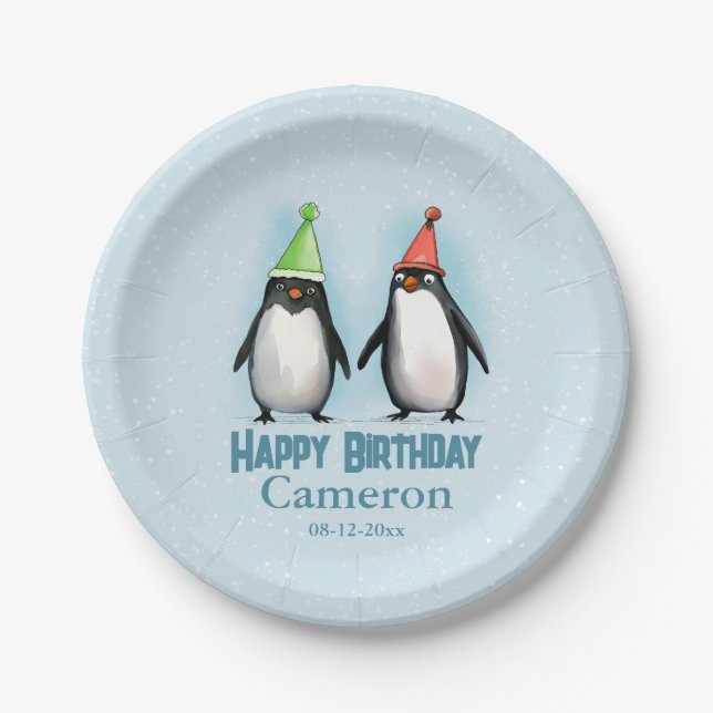 Two Cool Penguins celebrate kid's birthday Paper Plates (Front)