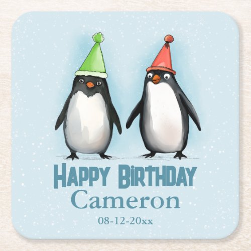 Two Cool Penguins celebrate kids birthday Square Paper Coaster
