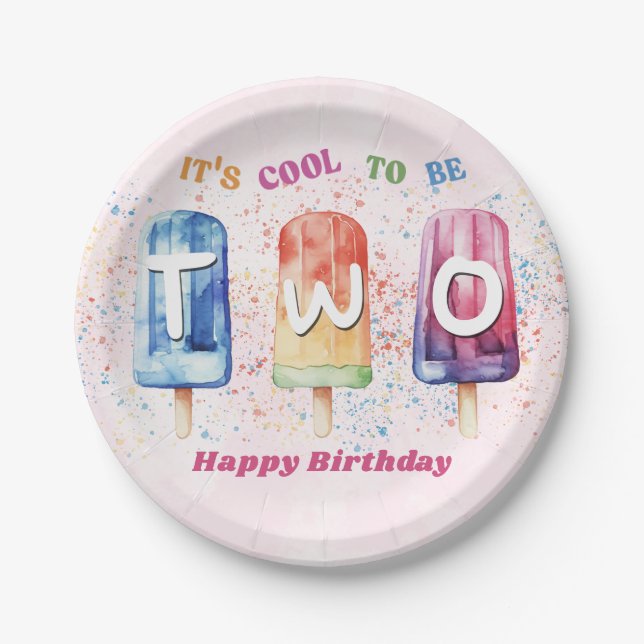 Two Cool Pink Popsicle 2nd Birthday Party Paper Plates (Front)